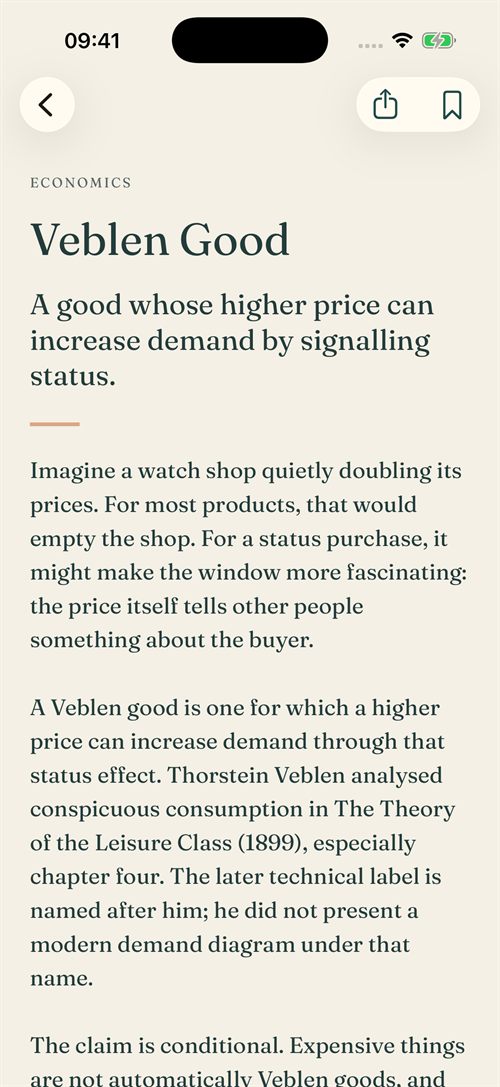 The Veblen Good page in the Conceptly app